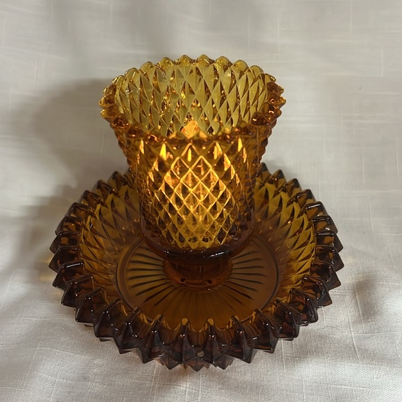 Vintage Indiana Glass Diamond Point Amber Candle Votive Candlestick Holder - Picture 3 of 6